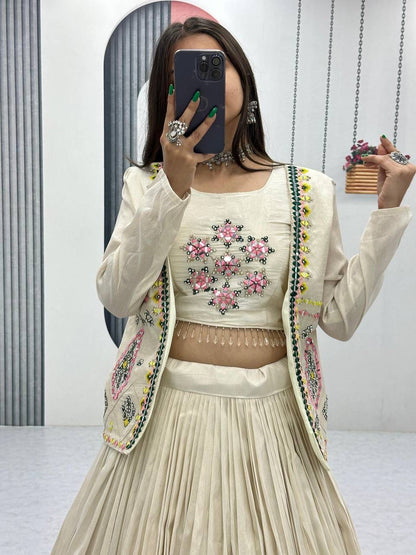 Cream Tissue Simmer  Lehenga Choli with Hand Embroidered Jacket