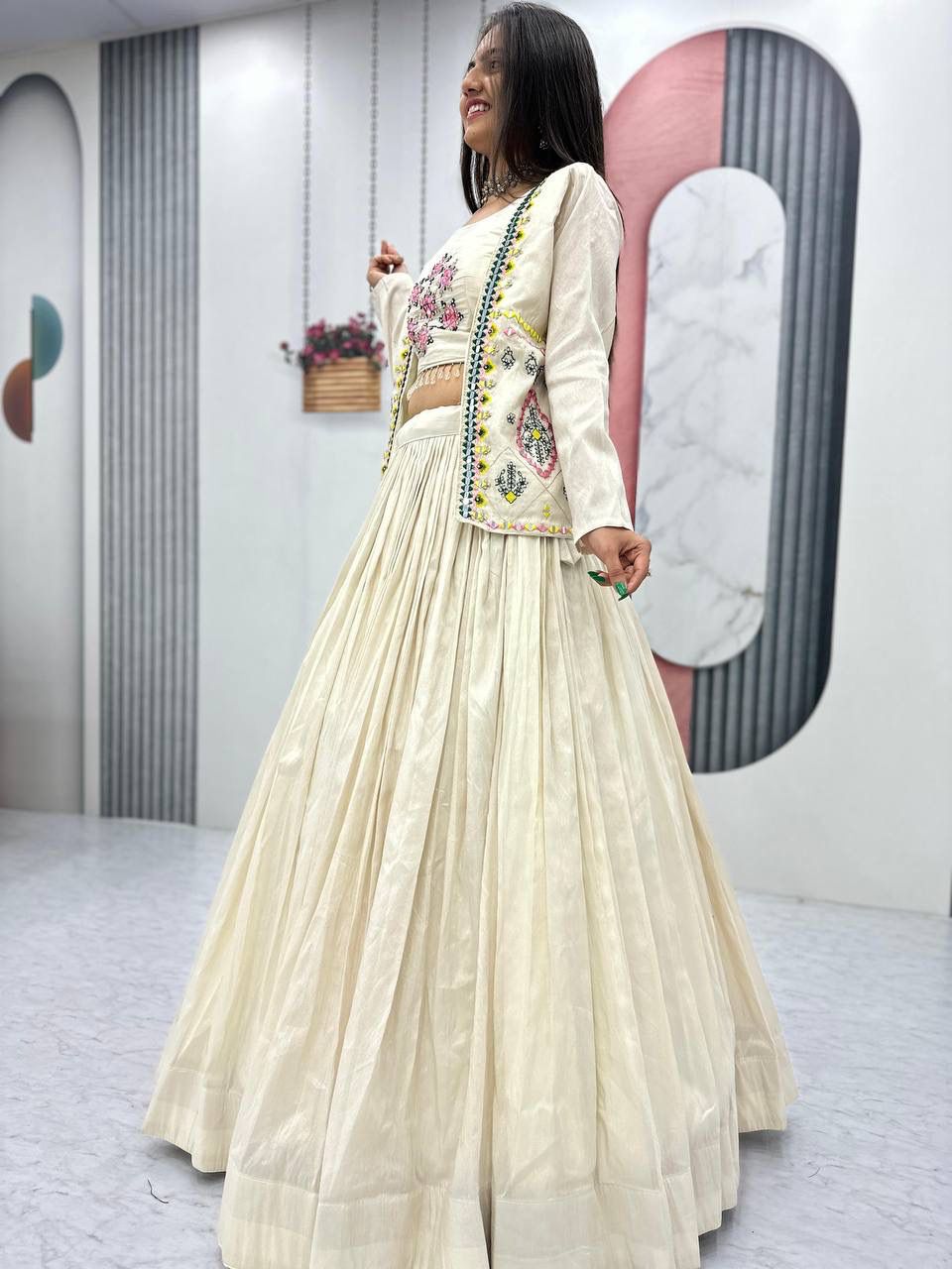 Cream Tissue Simmer  Lehenga Choli with Hand Embroidered Jacket
