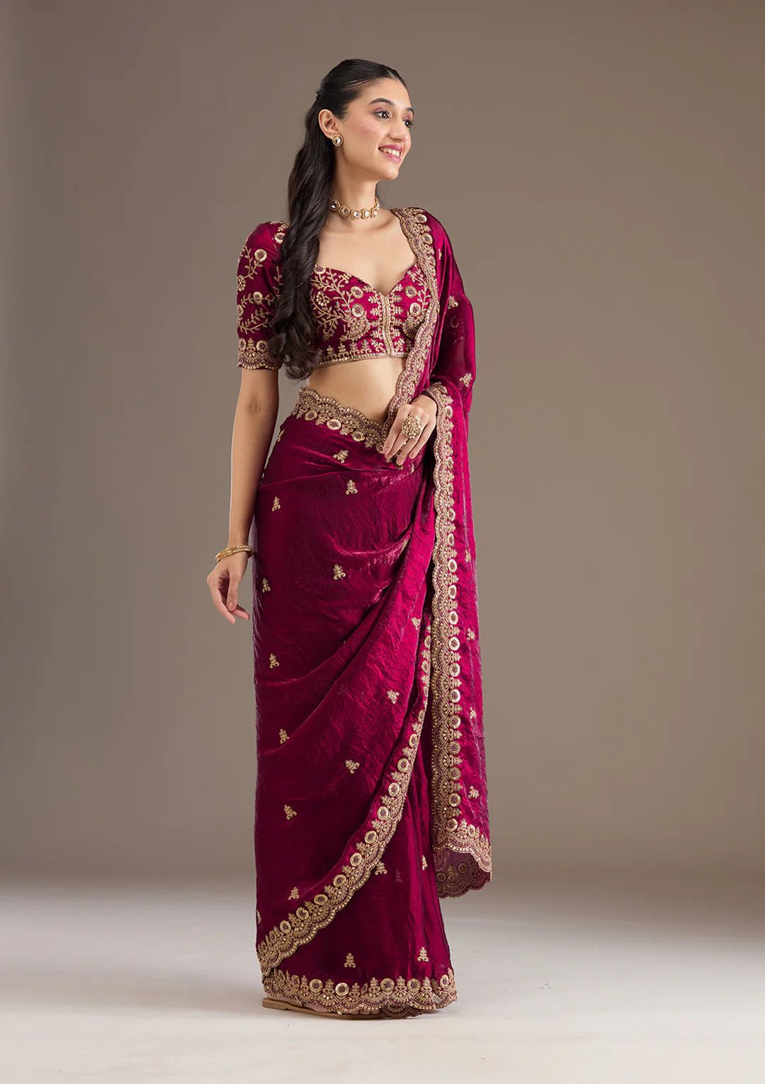 Maroon Velvet Embroidered Saree with Golden Zari Border