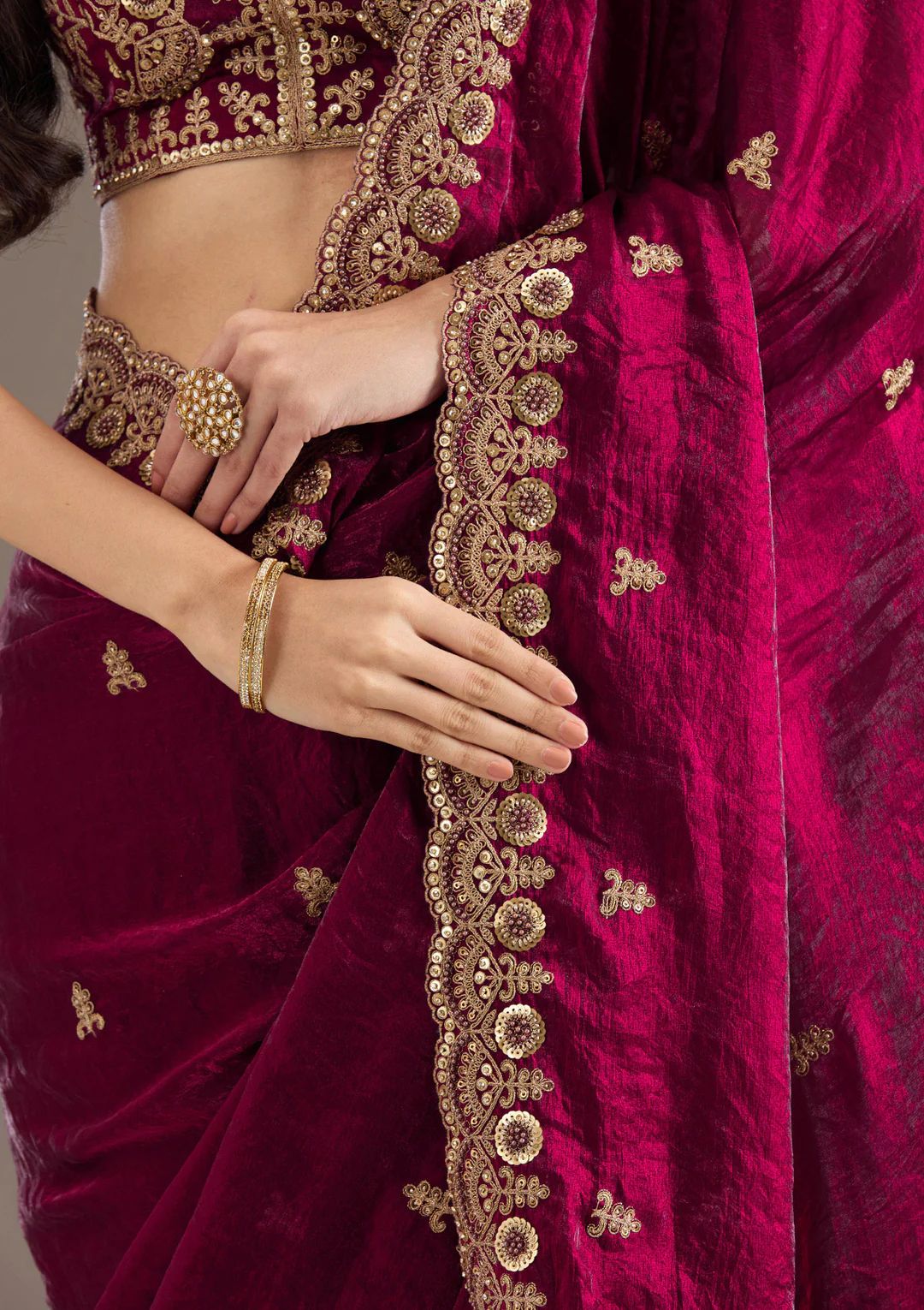 Maroon Velvet Embroidered Saree with Golden Zari Border