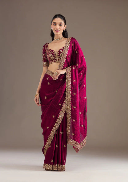 Maroon Velvet Embroidered Saree with Golden Zari Border