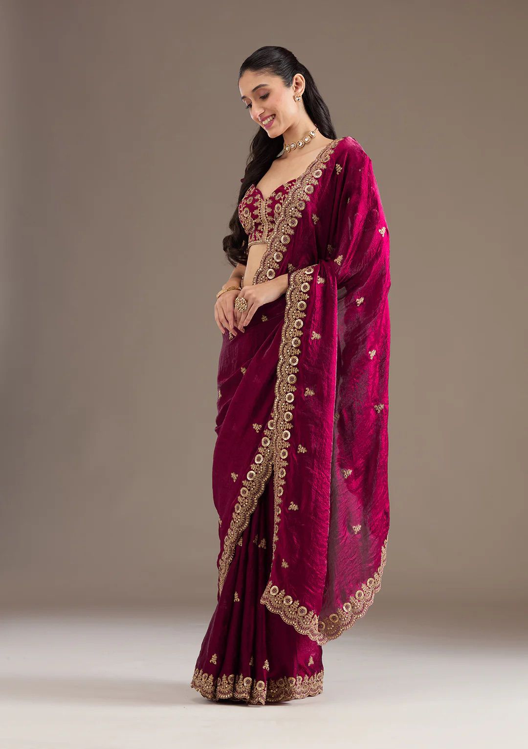 Maroon Velvet Embroidered Saree with Golden Zari Border
