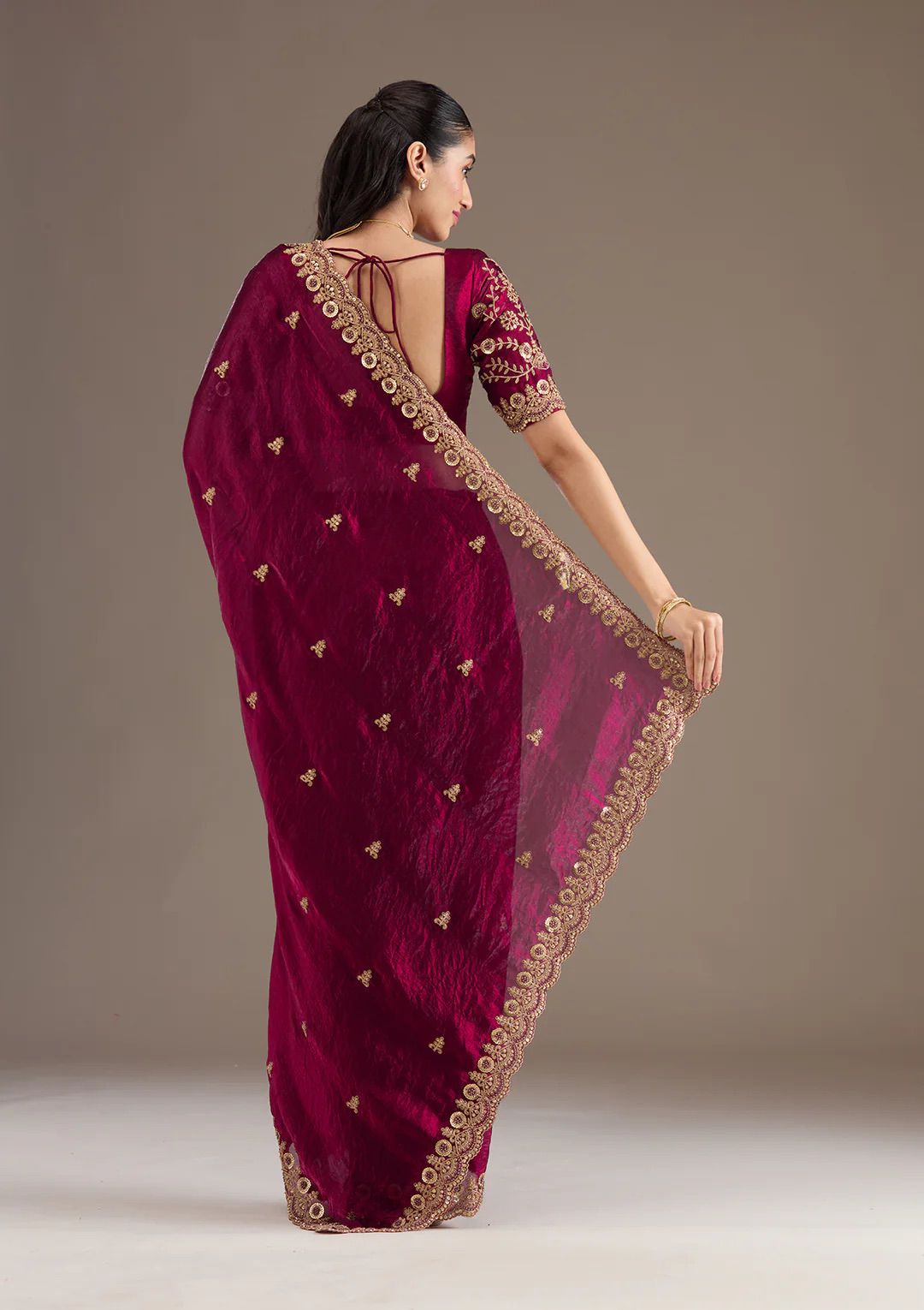 Maroon Velvet Embroidered Saree with Golden Zari Border