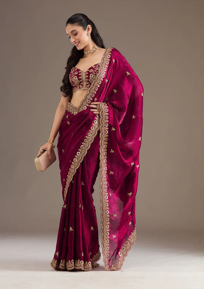 Maroon Velvet Embroidered Saree with Golden Zari Border