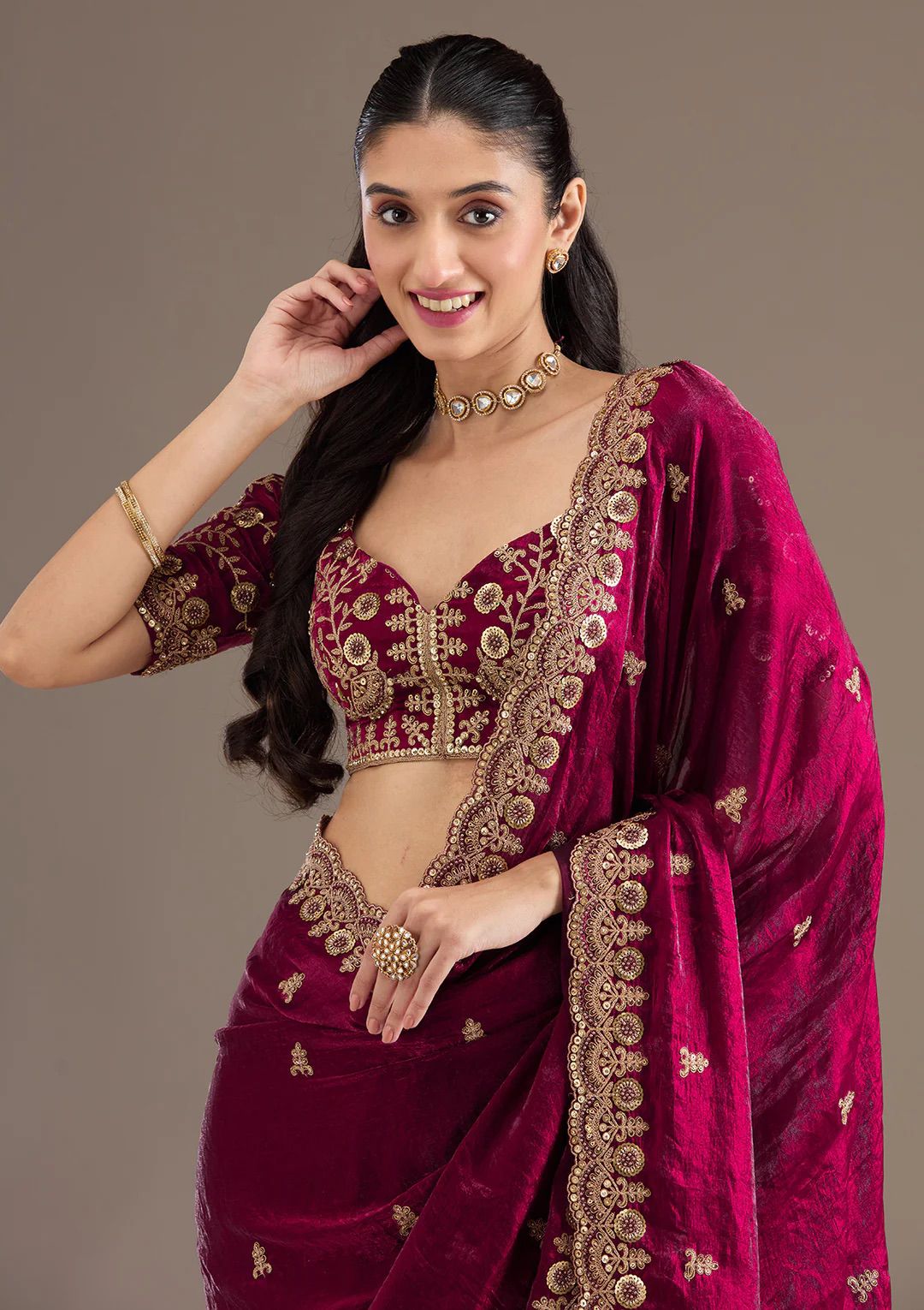 Maroon Velvet Embroidered Saree with Golden Zari Border