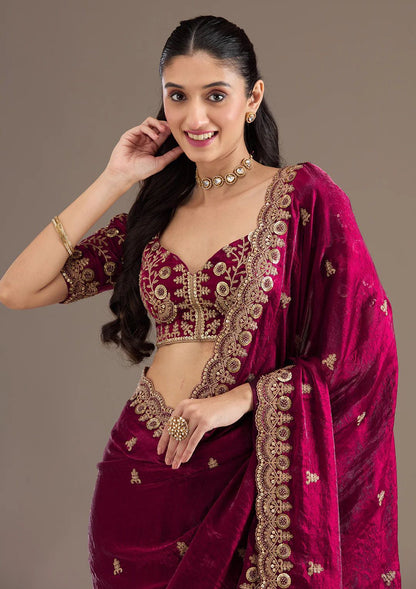 Maroon Velvet Embroidered Saree with Golden Zari Border