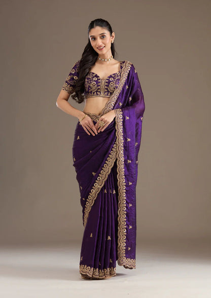 Luxury Purple Velvet Silk Saree with Zari and Sequin Border