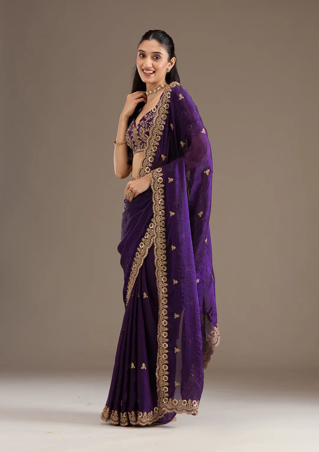 Luxury Purple Velvet Silk Saree with Zari and Sequin Border