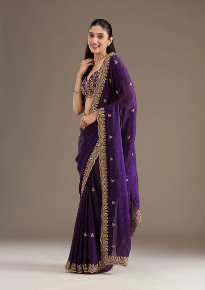 Luxury Purple Velvet Silk Saree with Zari and Sequin Border