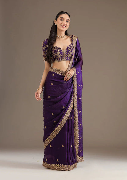 Luxury Purple Velvet Silk Saree with Zari and Sequin Border