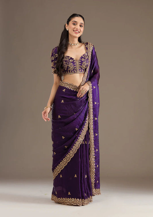 Luxury Purple Velvet Silk Saree with Zari and Sequin Border