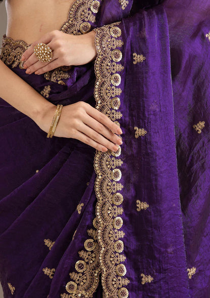 Luxury Purple Velvet Silk Saree with Zari and Sequin Border