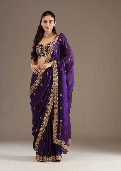 Luxury Purple Velvet Silk Saree with Zari and Sequin Border