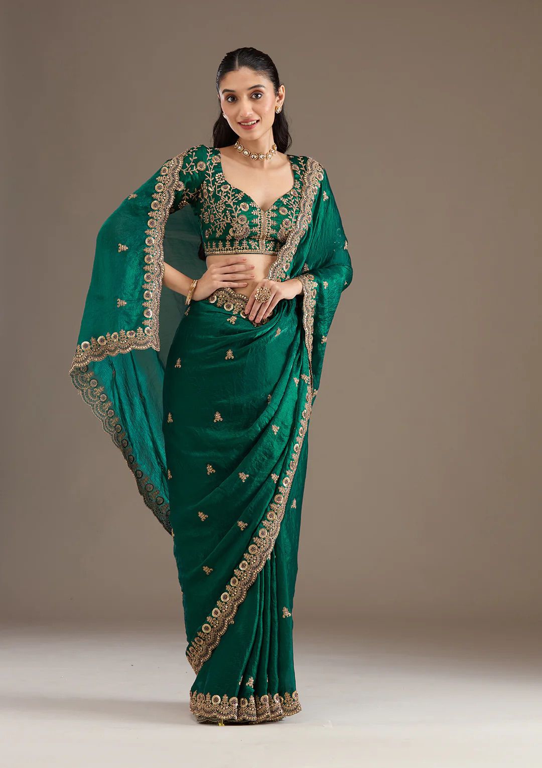 Velvet Teal Green Saree with Heavy Golden Embroidery