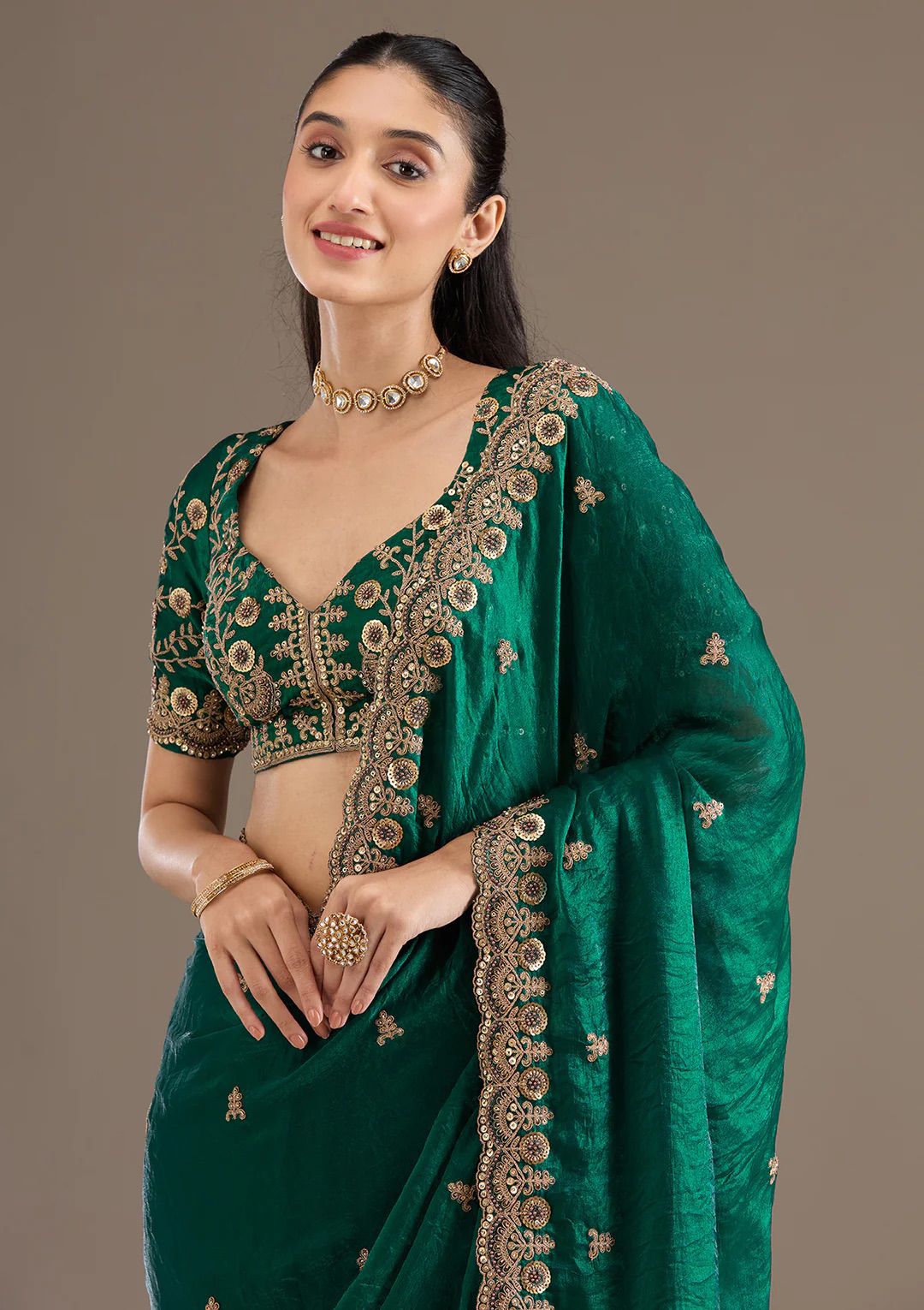 Velvet Teal Green Saree with Heavy Golden Embroidery