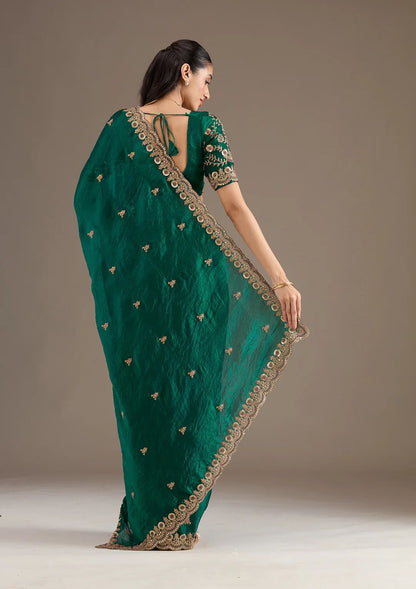 Velvet Teal Green Saree with Heavy Golden Embroidery