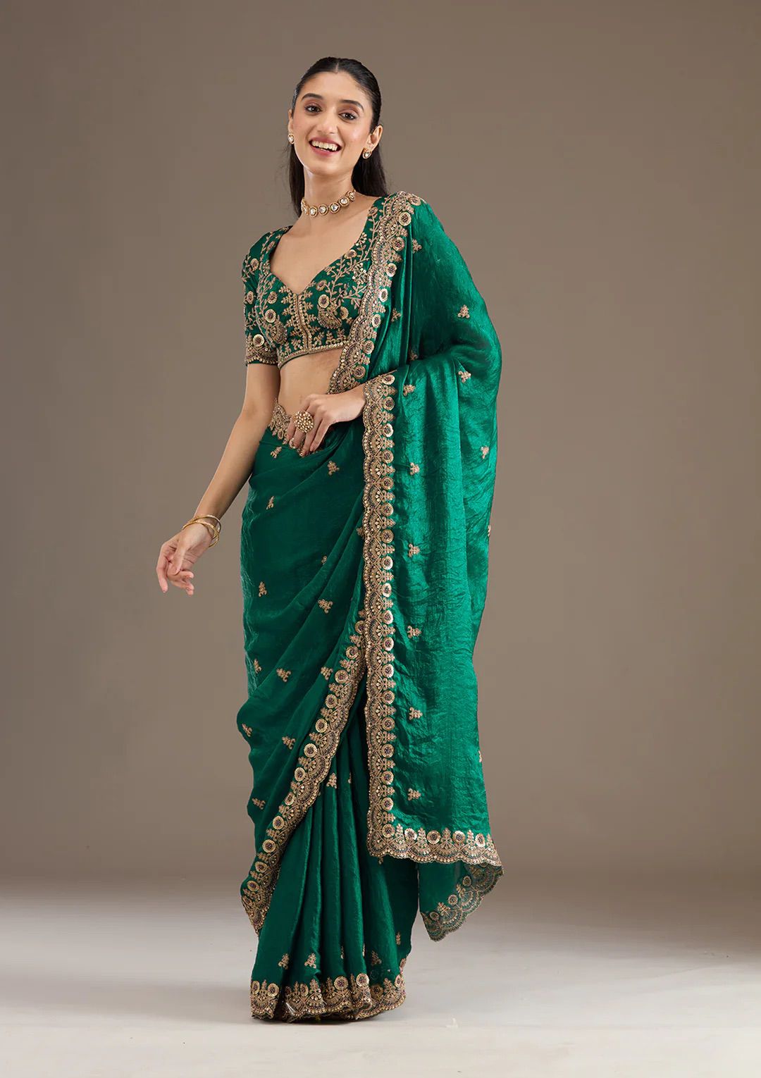 Velvet Teal Green Saree with Heavy Golden Embroidery