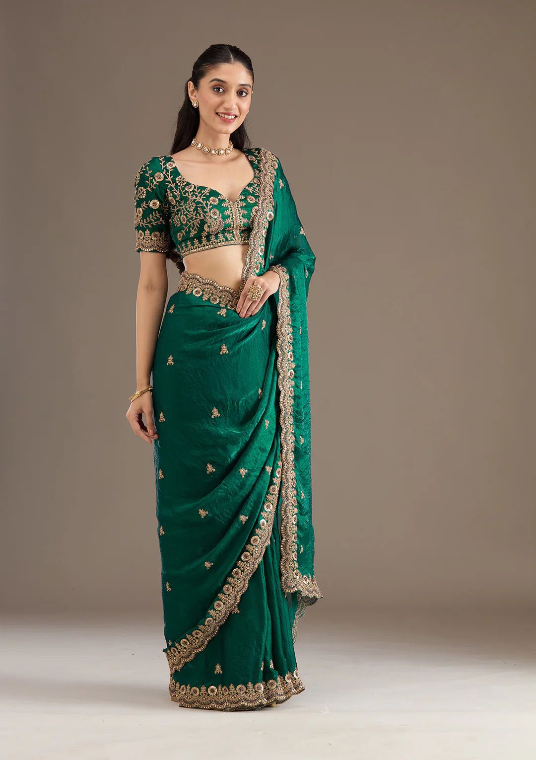 Velvet Teal Green Saree with Heavy Golden Embroidery