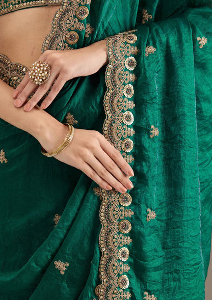 Velvet Teal Green Saree with Heavy Golden Embroidery