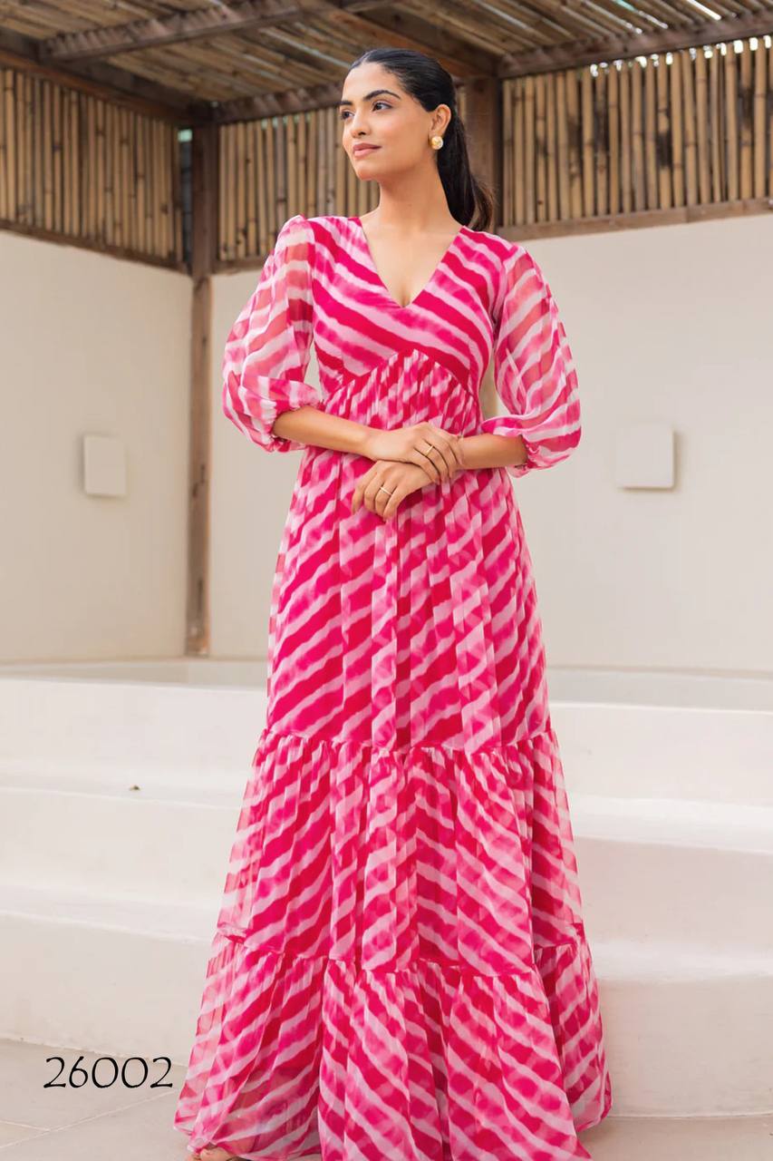 Pink & White Tie-Dye Printed Georgette One Piece