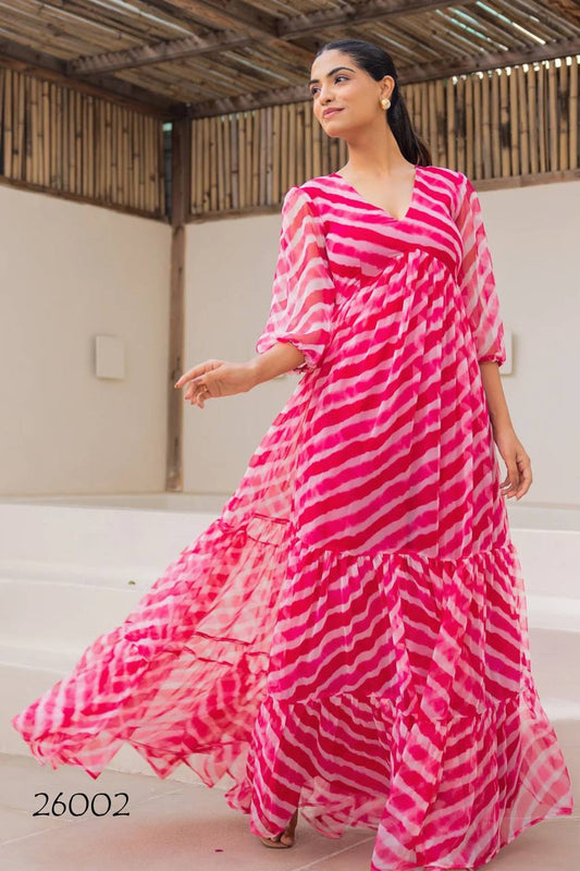 Pink & White Tie-Dye Printed Georgette One Piece