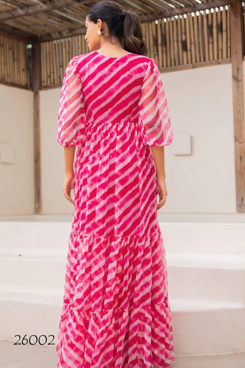 Pink & White Tie-Dye Printed Georgette One Piece