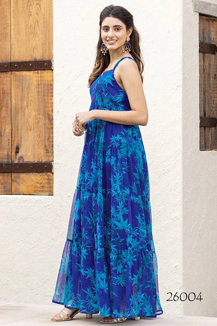 Stylish Floral Georgette Royal Blue One Piece Dress