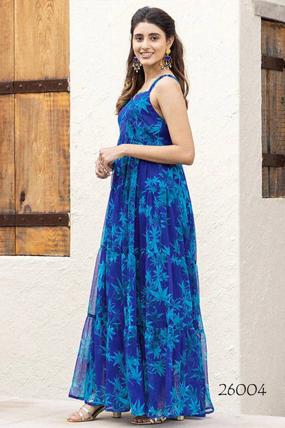 Stylish Floral Georgette Royal Blue One Piece Dress