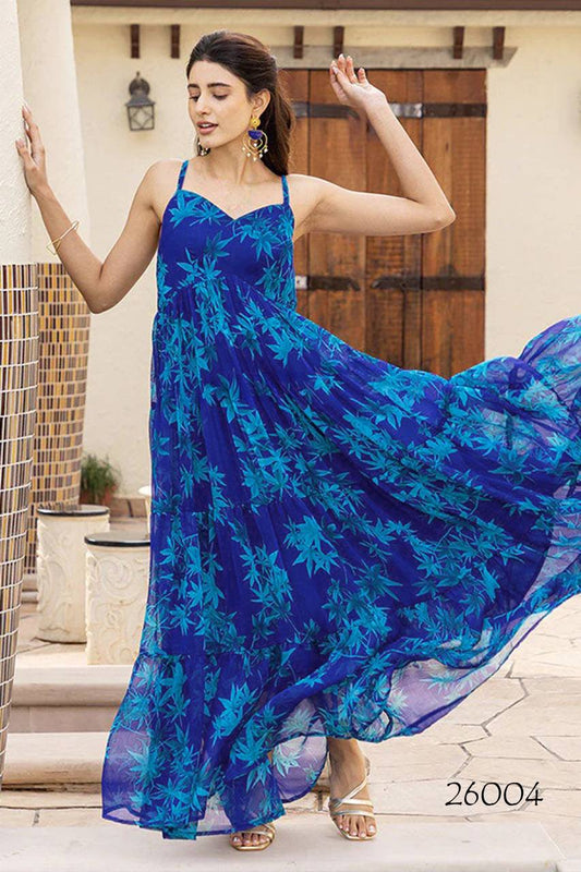 Stylish Floral Georgette Royal Blue One Piece Dress