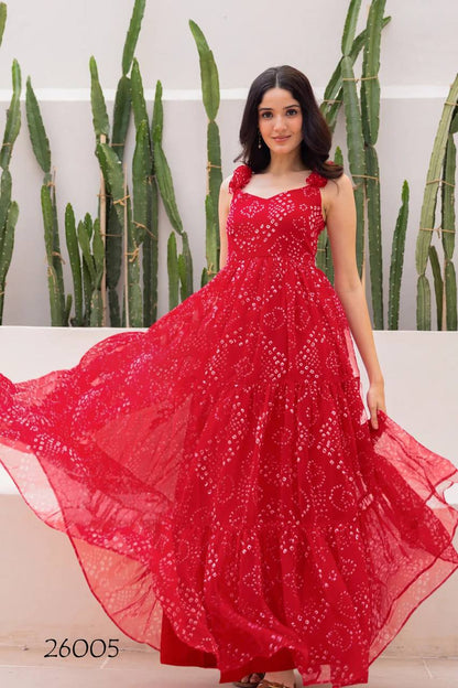 Red Digital Printed Bandhani One Piece Dress