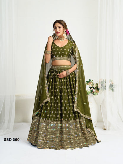 Heavy Mirror Work Olive Green Designer Silk Lehenga