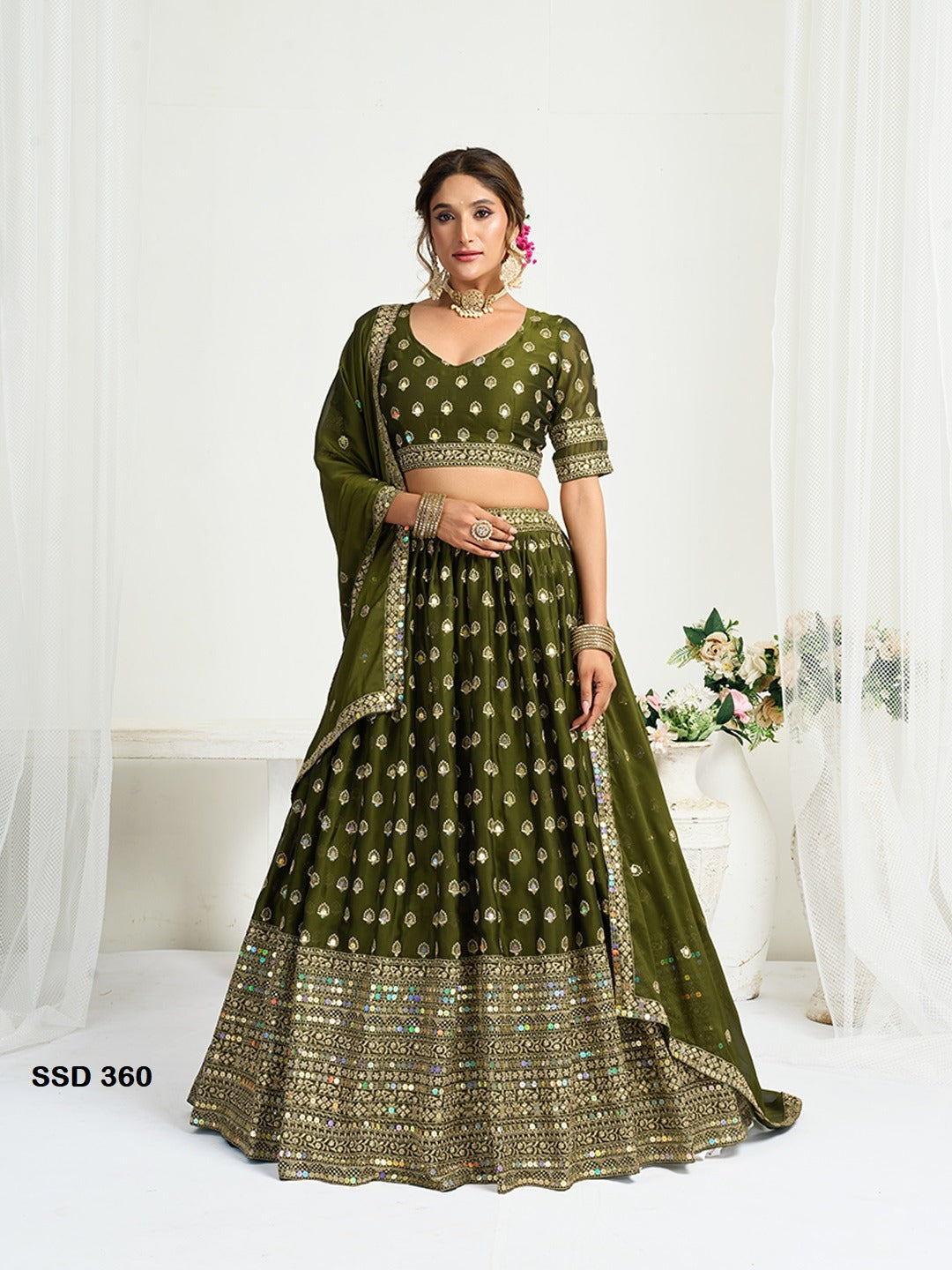 Heavy Mirror Work Olive Green Designer Silk Lehenga