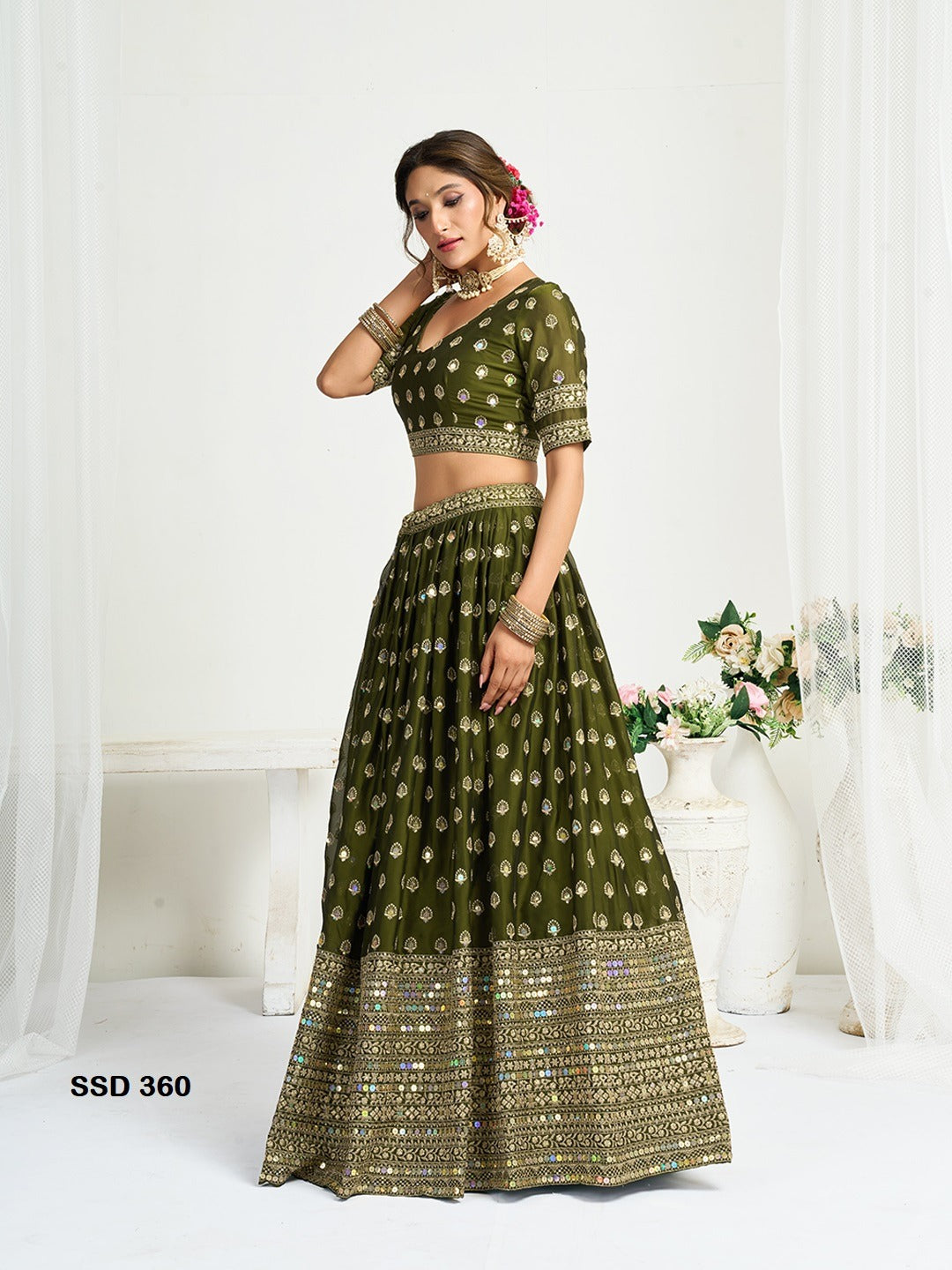 Heavy Mirror Work Olive Green Designer Silk Lehenga