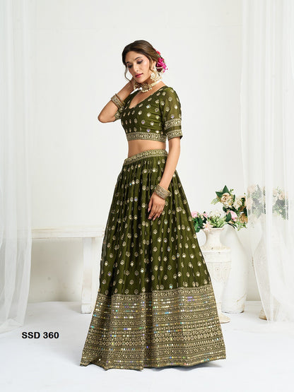 Heavy Mirror Work Olive Green Designer Silk Lehenga