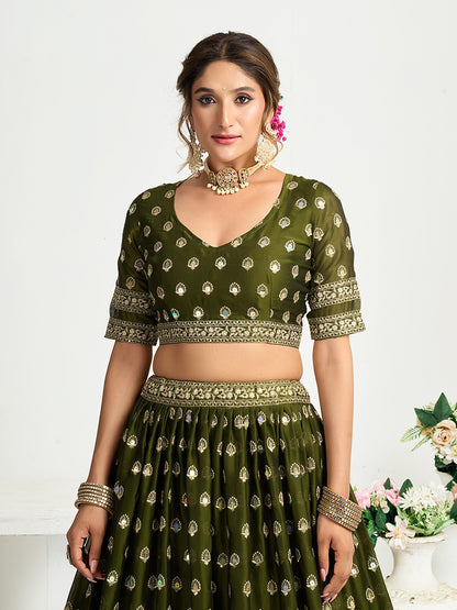 Heavy Mirror Work Olive Green Designer Silk Lehenga