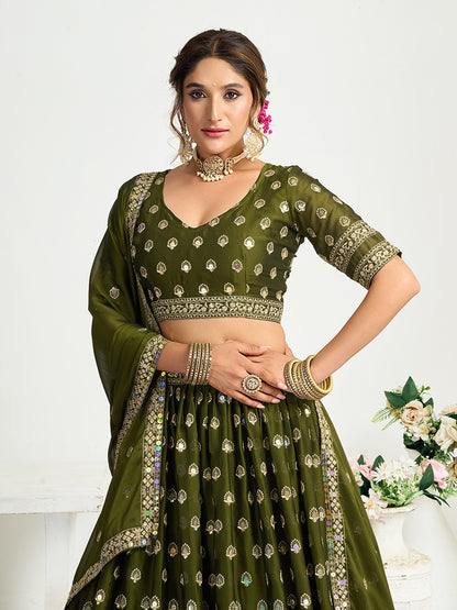 Heavy Mirror Work Olive Green Designer Silk Lehenga