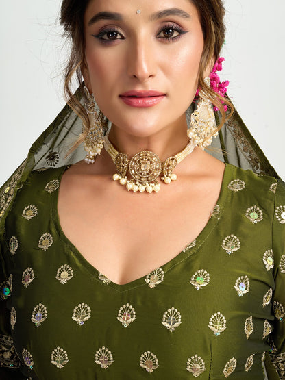 Heavy Mirror Work Olive Green Designer Silk Lehenga