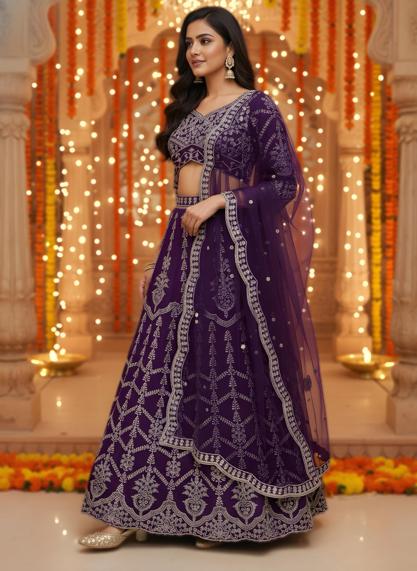 Stunning Zari and Sequin Work Purple Designer Lehenga Choli