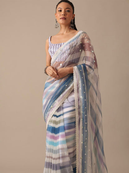 Premium Georgette With Digital Prints & Embroidery Work Pastel Organza Saree