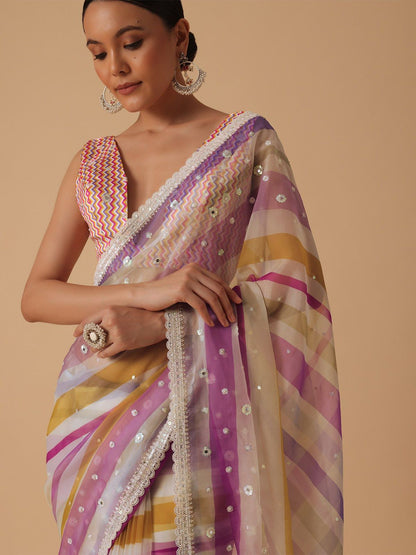 Multicolor Premium Striped Embroidery Work Saree