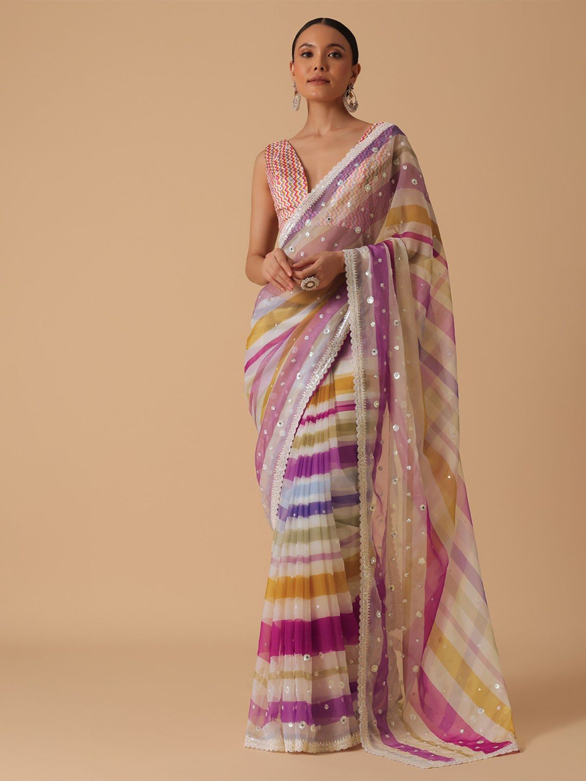 Multicolor Premium Striped Embroidery Work Saree