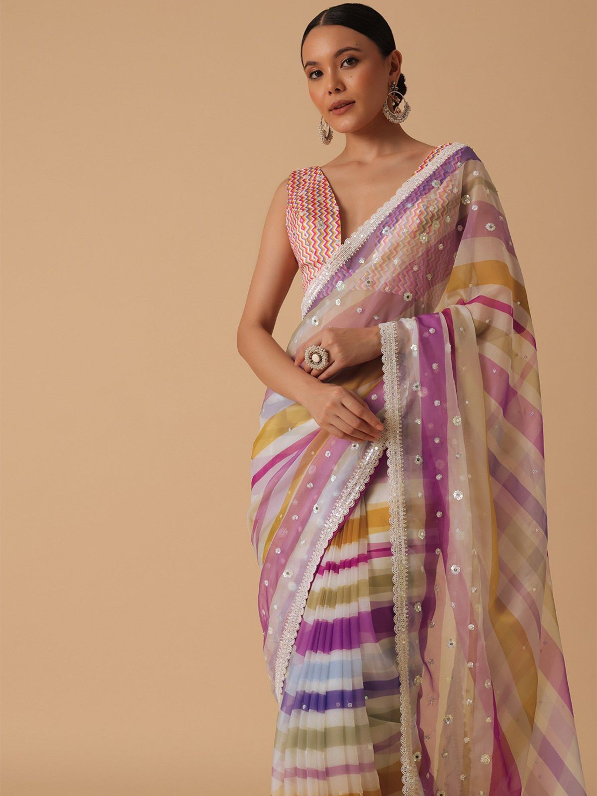 Multicolor Premium Striped Embroidery Work Saree