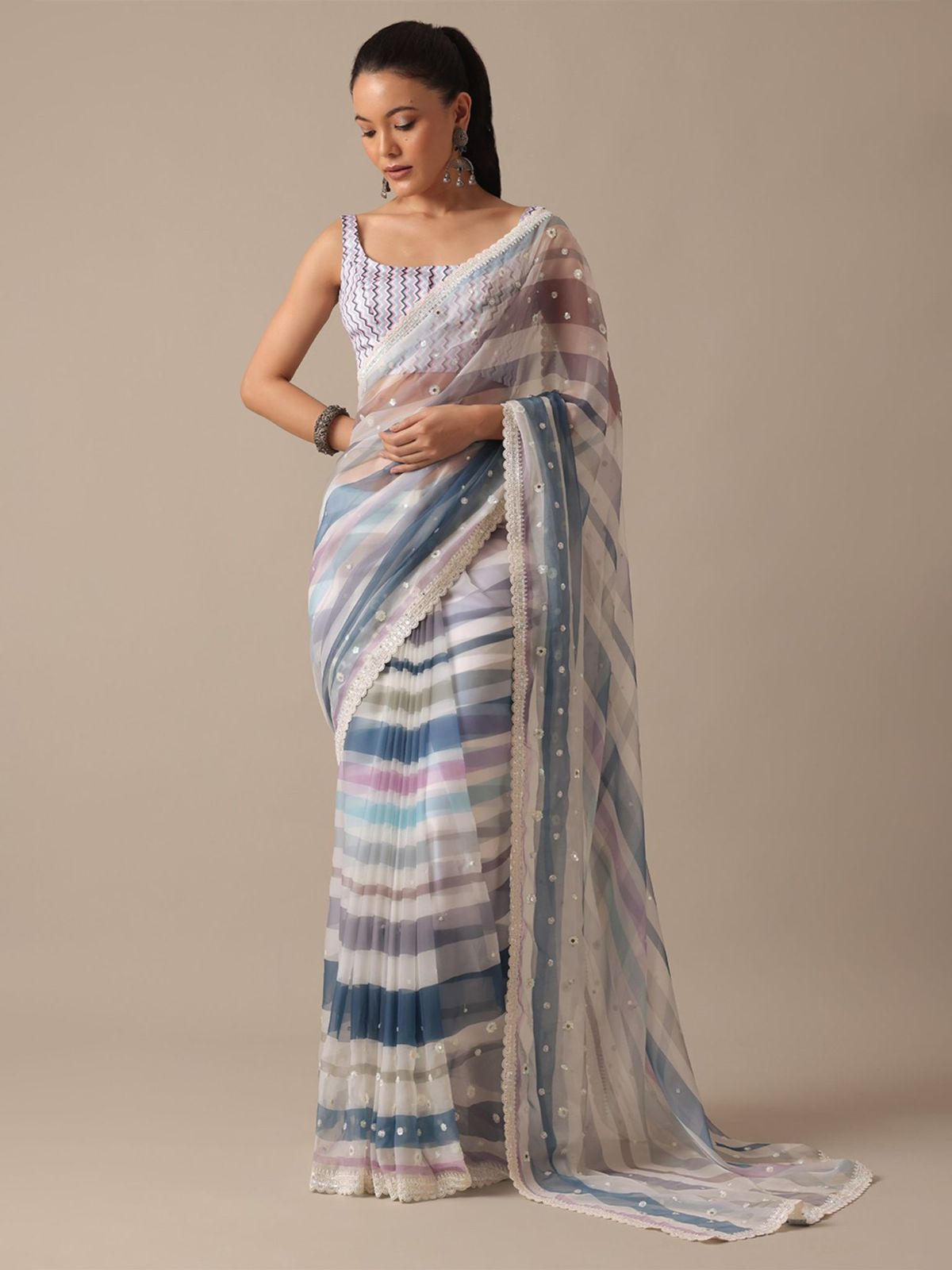 Premium Georgette With Digital Prints & Embroidery Work Pastel Organza Saree