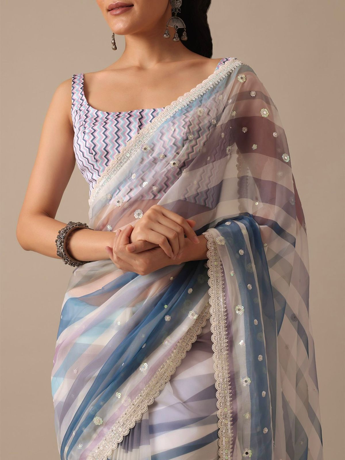 Premium Georgette With Digital Prints & Embroidery Work Pastel Organza Saree