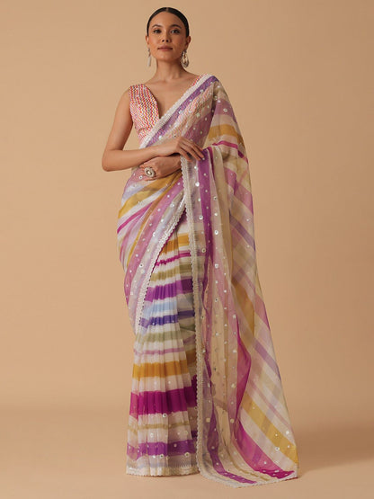 Multicolor Premium Striped Embroidery Work Saree