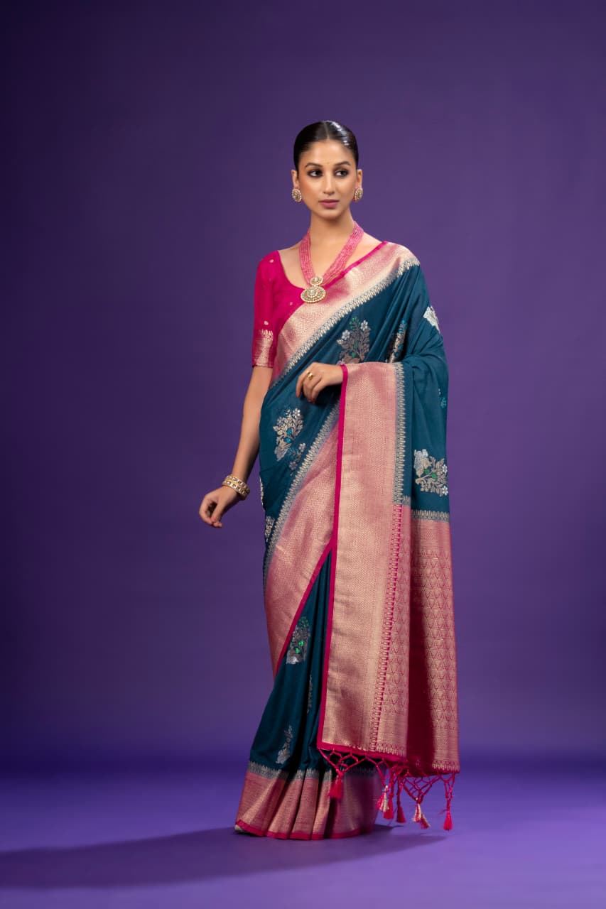 Teal Blue Georgette Saree With Pink Blouse