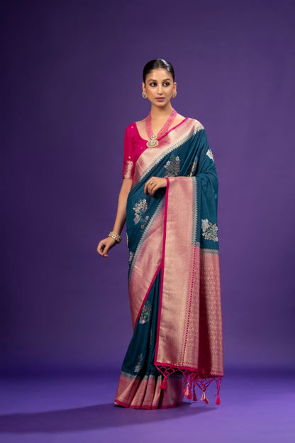 Teal Blue Georgette Saree With Pink Blouse