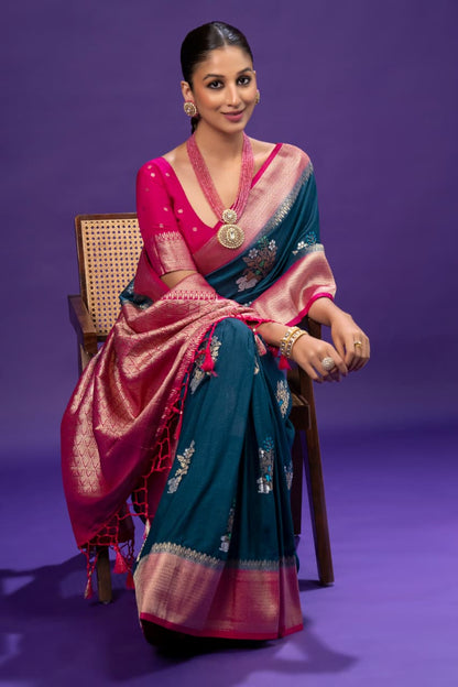 Teal Blue Georgette Saree With Pink Blouse