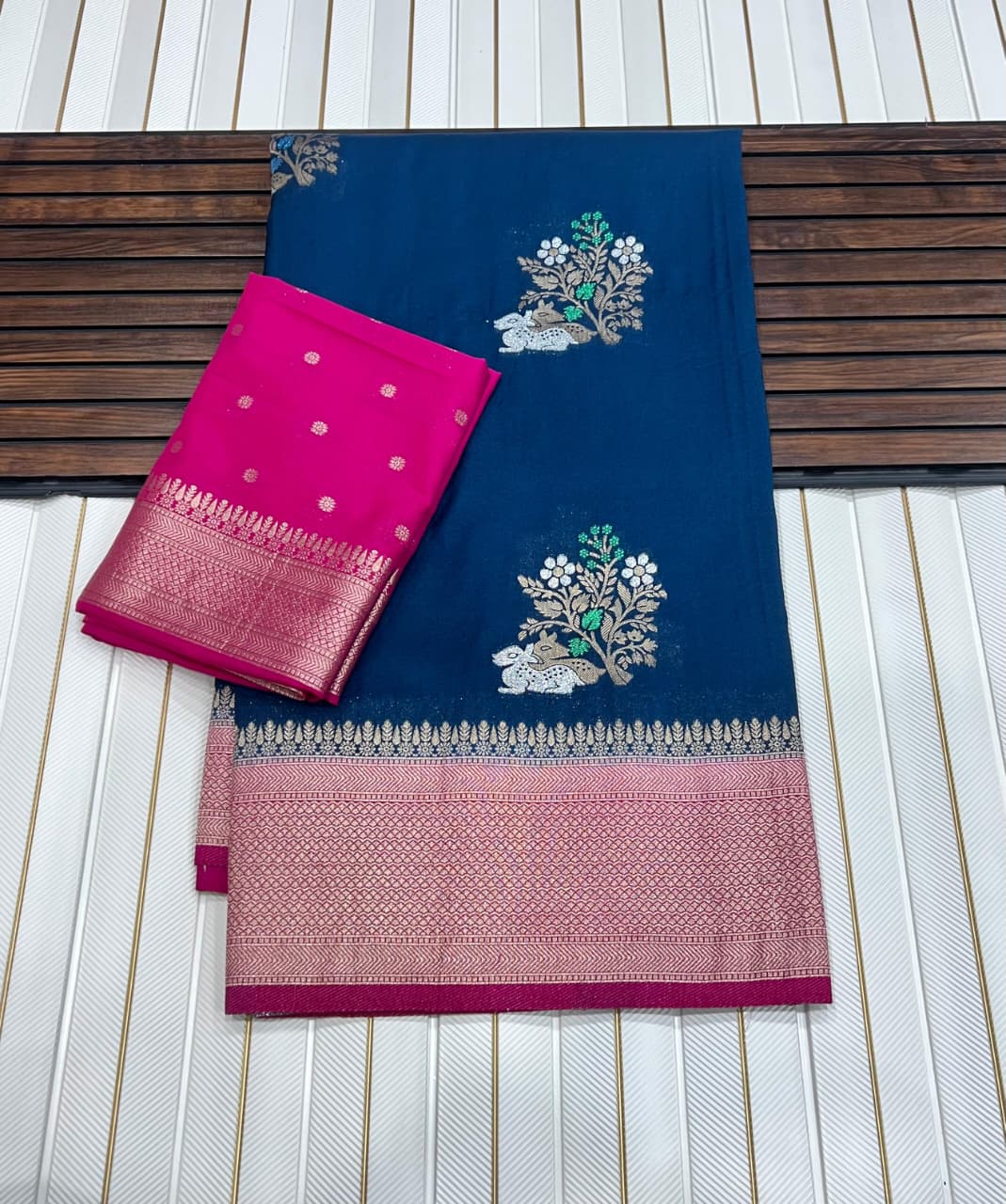 Teal Blue Georgette Saree With Pink Blouse