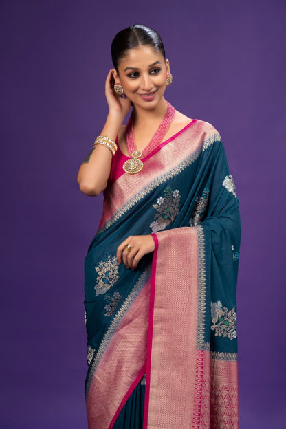 Teal Blue Georgette Saree With Pink Blouse